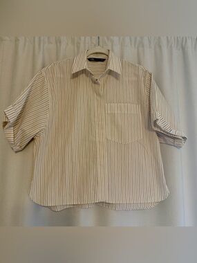 Zara Cream and White Vertical Stripe Short-Sleeve Button Shirt